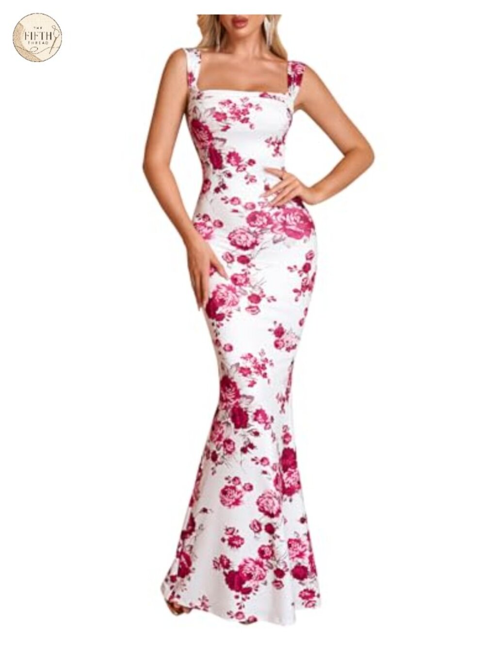 Women Floral Bodycon Maxi Dress Cowl Neck Mermaid Hem Formal Wedding Guest